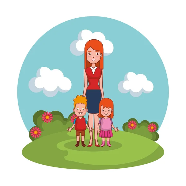 Mother with kids family in the landscape — Stock Vector
