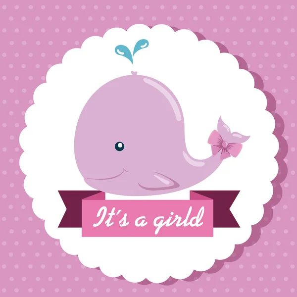 Label of pink whale and ribbon with its a girl message — Stock Vector