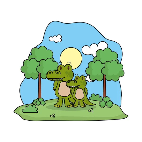 Niedliche Krokodilfamilie in der Landschaft — Stockvektor