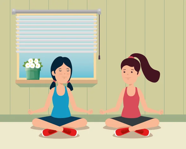 Κορίτσια εκπαίδευση γιόγκα υγιή άσκηση στο σπίτι — Διανυσματικό Αρχείο
