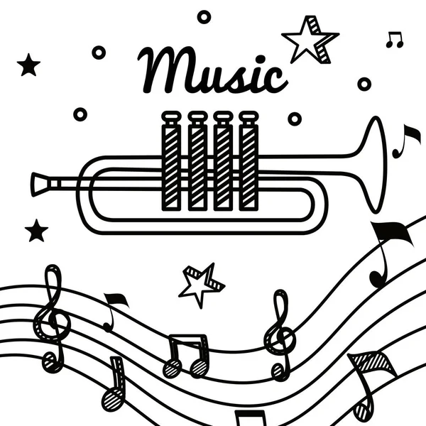 Trumpet instrument with treble clef and quaver with beam notes — Stock Vector