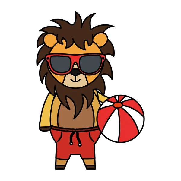 Lindo león con gafas de sol y globo de juguete de plástico — Vector de stock