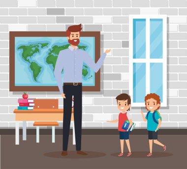 okul sahnesinde öğrenciler ile erkek öğretmen