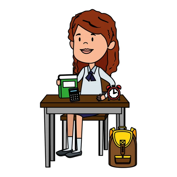 Happy student girl with supplies seated in school desk — Stock Vector