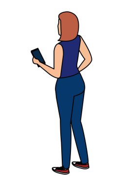 akıllı telefon karakterini kullanan sevimli genç kadın