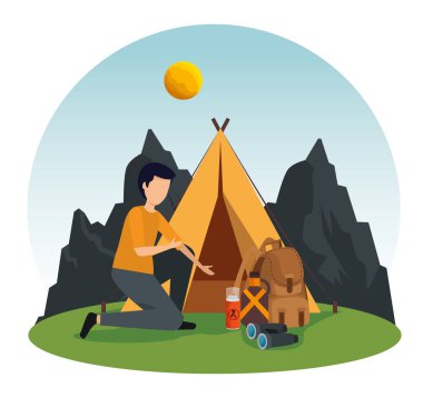 doğa dağlarda kamp ve sırt çantası ile adam