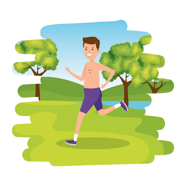 Happy athletic boy shirtless running in the camp — Stock Vector