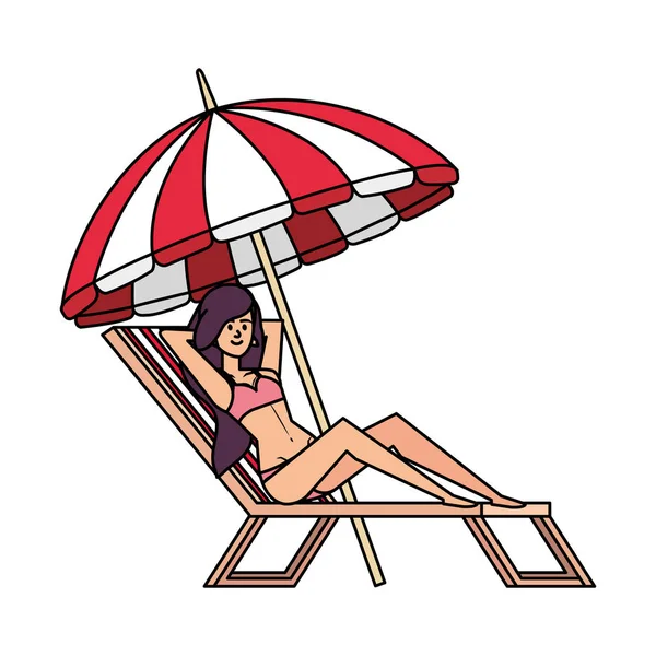 Hermosa chica en silla de playa con carácter avatar paraguas — Vector de stock