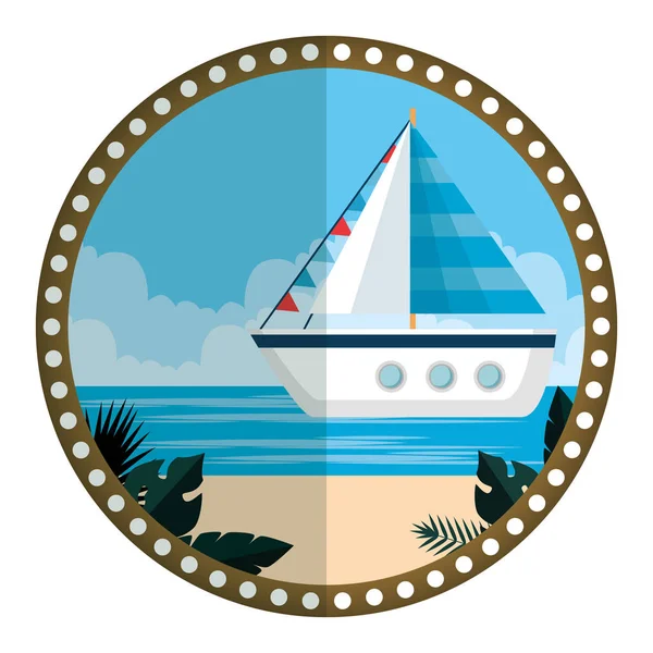 Armação circular com praia de verão e veleiro —  Vetores de Stock