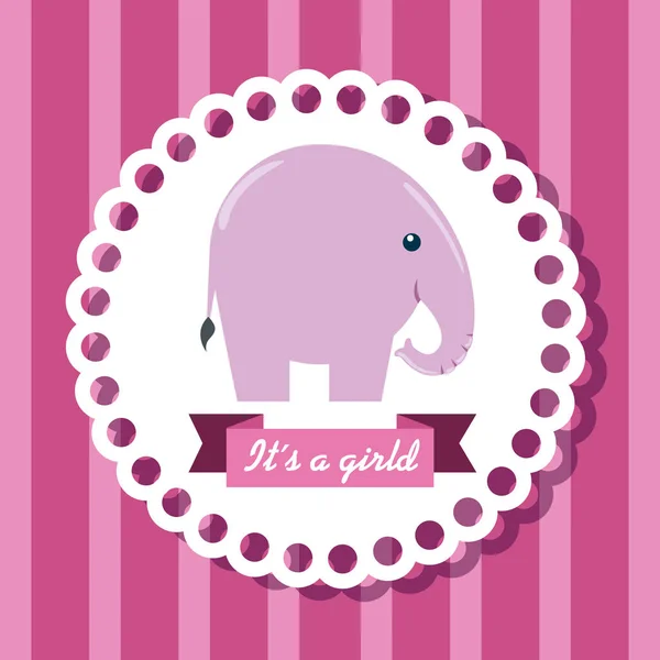 Label of pink elephant and ribbon with its a girl message — Stock Vector