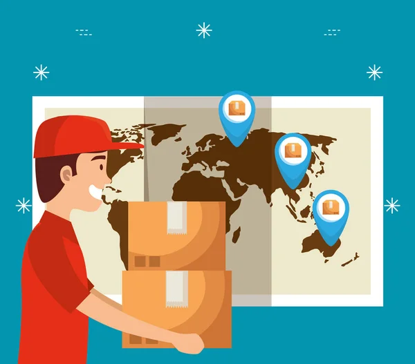 Homem com pacotes de caixas e mapa global com sinais de localização —  Vetores de Stock