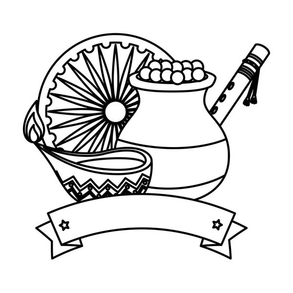Tarro de cerámica india con alimentos e iconos decorativos — Vector de stock