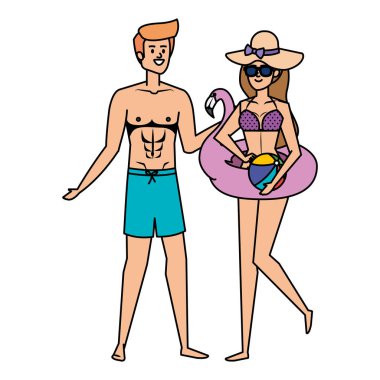 Mayolu ve Flaman şamandıralı genç çift