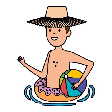 Donut yüzen ve balon plajlı genç adam.