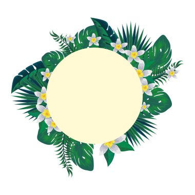 tropikal çiçek ve yaprak dekorasyon ile dairesel çerçeve