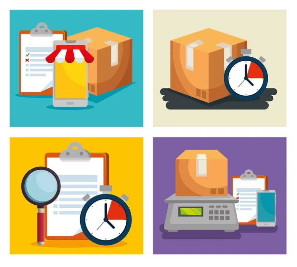 Set of boxes packages with chrornometer and check list — Stock Vector