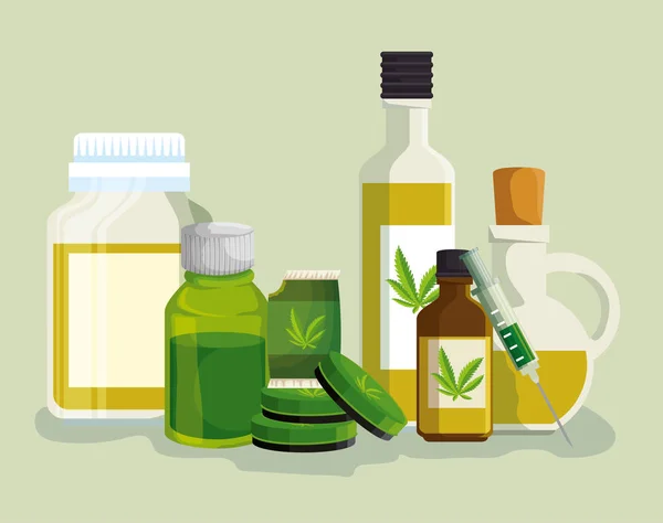 Aceite de cannabis en las botellas de cristal con ungüento medicinal y jarabe — Vector de stock