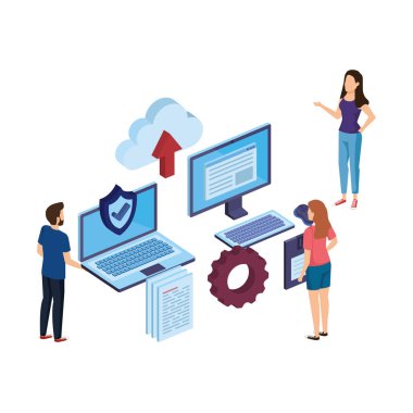 dizüstü bilgisayar ve masaüstü veri merkezi simgeleri olan kişiler