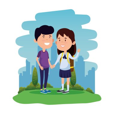 alanında okul çantası ile mutlu küçük öğrenciler çift