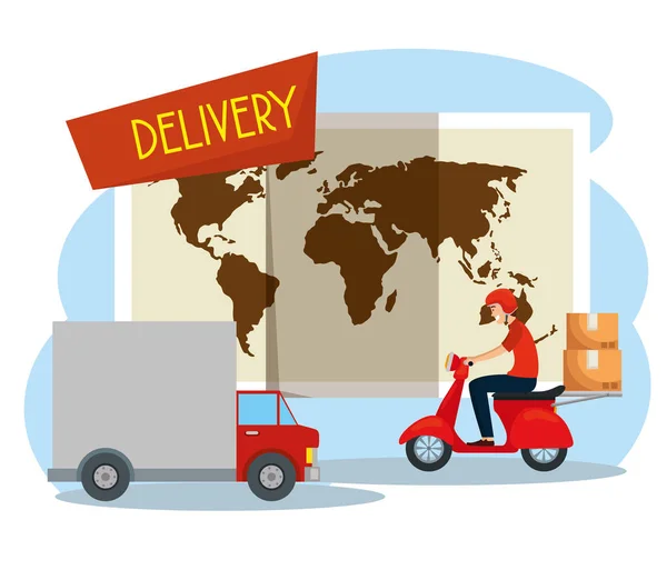 Глобальная карта с грузовиком и человеком в мотоцикле с коробками — стоковый вектор