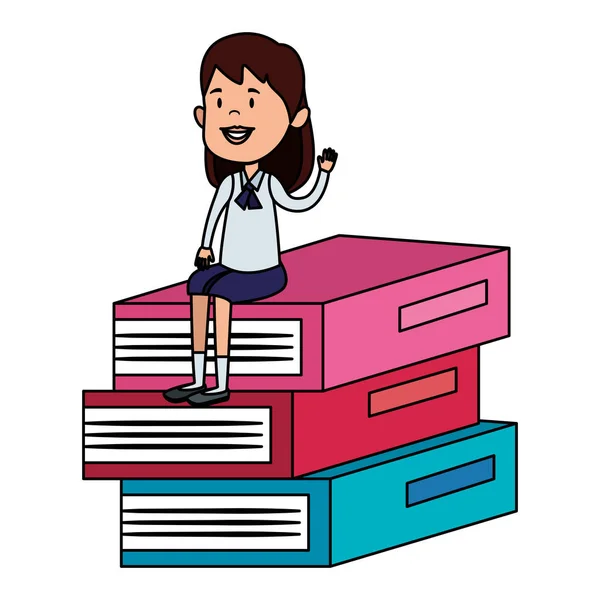 Glückliches Studentenmädchen in stapelweise Lehrbüchern sitzend — Stockvektor