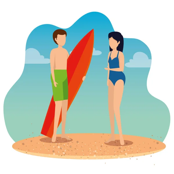 Hombre y mujer en traje de baño con tabla de surf en la playa — Vector de stock