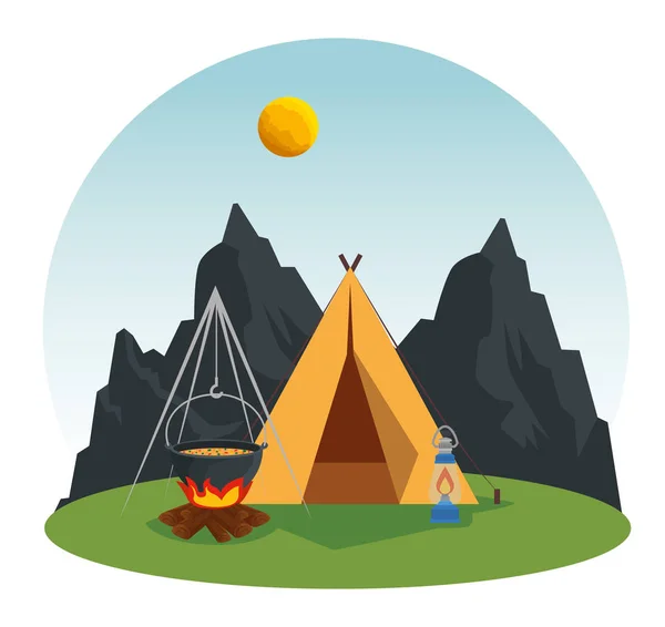 Wanderlust aventure avec camp et bois de chauffage alimentaire — Image vectorielle