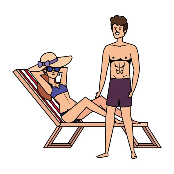 年轻夫妇放松在沙滩椅头像字符 — 图库矢量图片
