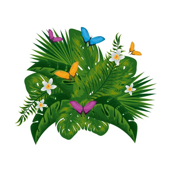 Heliconia fiore pianta tropicale con foglie e farfalle — Vettoriale Stock