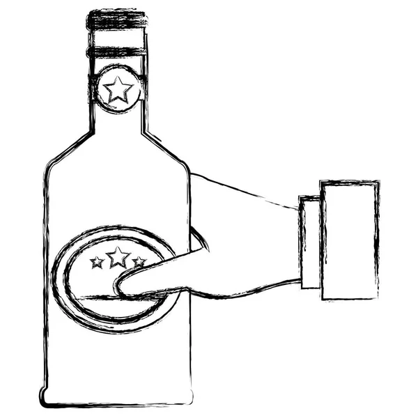 Mano con botella de whisky bebida — Vector de stock