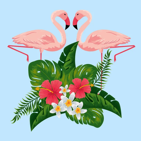 Trópusi flamingók egzotikus virágokkal és levelekkel — Stock Vector