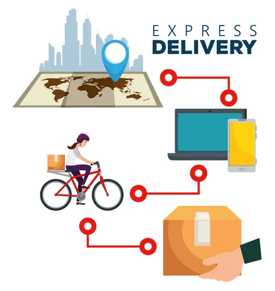 Poster transportasi distribusi dengan paket kotak dan lokasi - Stok Vektor