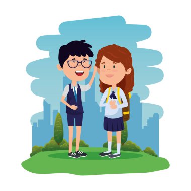 alanında okul çantası ile mutlu küçük öğrenciler çift