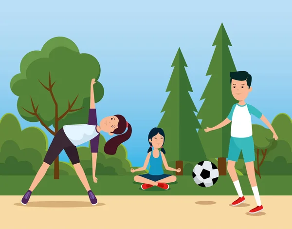 Niñas practican yoga y niño entrenando fútbol — Vector de stock