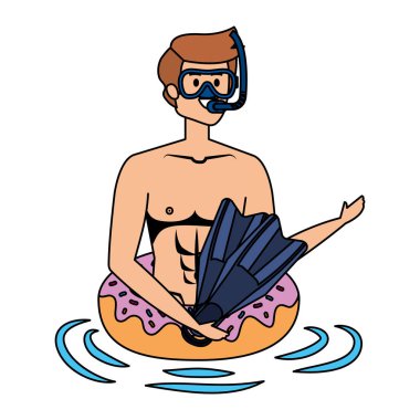 Donutlu genç adam yüzer ve dalış ekipmanlarıyla