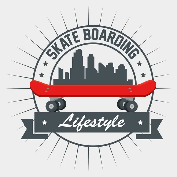 Etikett des Skateboards mit Citycape und Schleifenemblem — Stockvektor