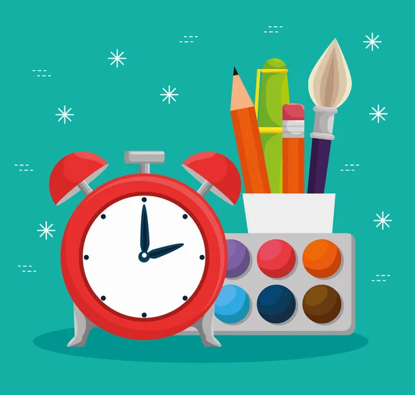 Acuarela con despertador de reloj y lápices con pluma — Vector de stock