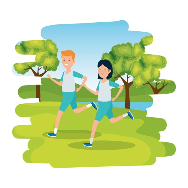 Feliz pareja atlética corriendo en el campamento — Vector de stock