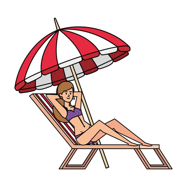 Hermosa chica en silla de playa con carácter avatar paraguas — Vector de stock