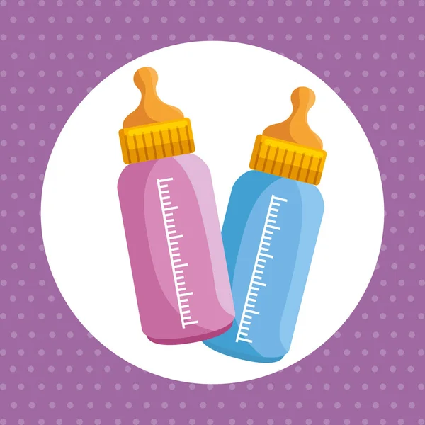 Etykieta małego chłopca i dziewczynki karmienia butelki — Wektor stockowy