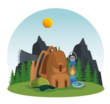 çam ağaçları manzara ve sırt çantası ile dağlar