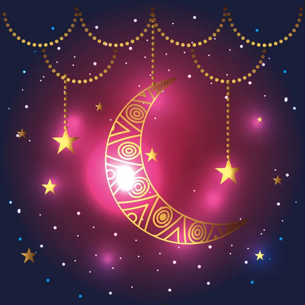 Lua com estrelas penduradas decoração para ramadan kareem —  Vetores de Stock