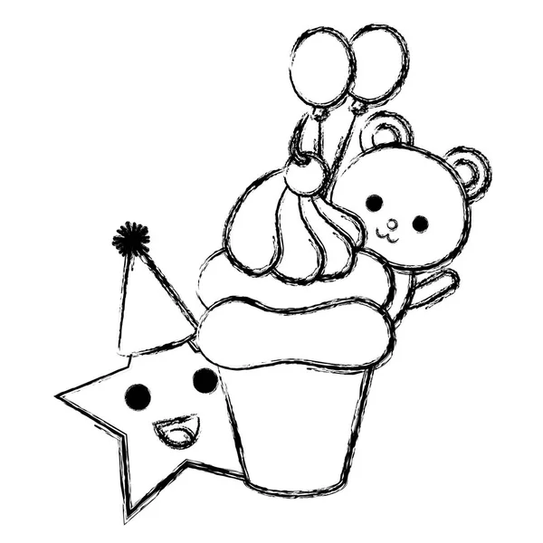 Cute bear teddy with cupcake and star kawaii characters — Stock Vector