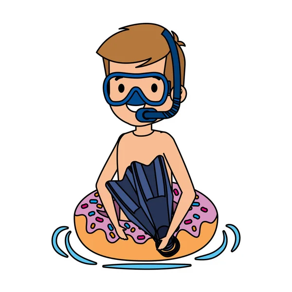 Lindo niño con flotador de rosquillas y snorkel — Vector de stock