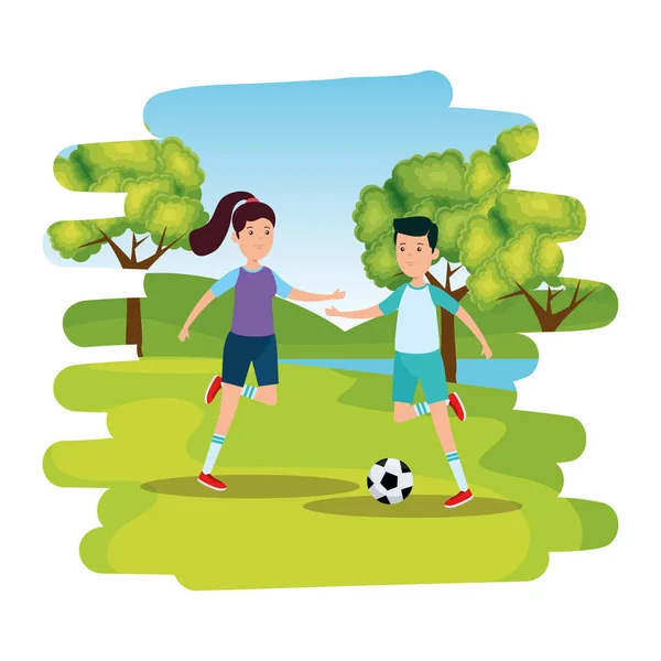 公園でサッカーを練習する幸せな運動カップル — ストックベクタ