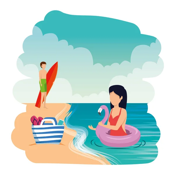 Молода пара з поплавцем і дошкою для серфінгу на пляжі — стоковий вектор
