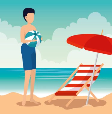 bronzlaşma sandalye ile top ve şemsiye ile mayo giyen adam