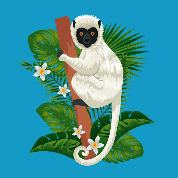 Lemur in the branch with exotic flowers and leaves — Stock Vector