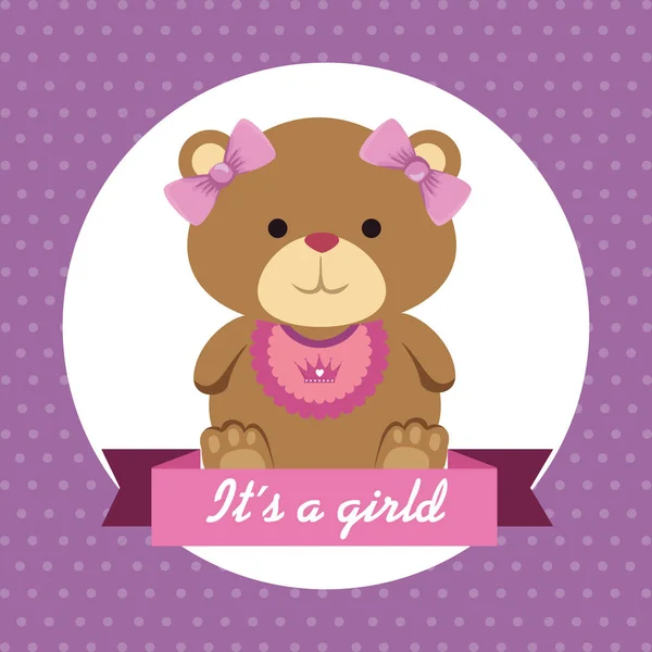 Label of girl teddy bear and ribbon with its a girl message — Stock Vector