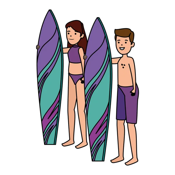 Couple athlétique heureux pratiquant le sport de surf — Image vectorielle